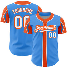 Load image into Gallery viewer, Custom Electric Blue White-Orange 3 Colors Arm Shapes Authentic Baseball Jersey
