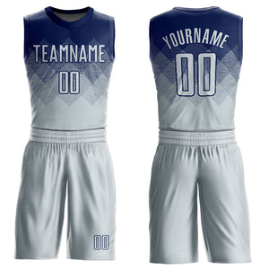 Custom Navy Silver Round Neck Sublimation Basketball Suit Jersey