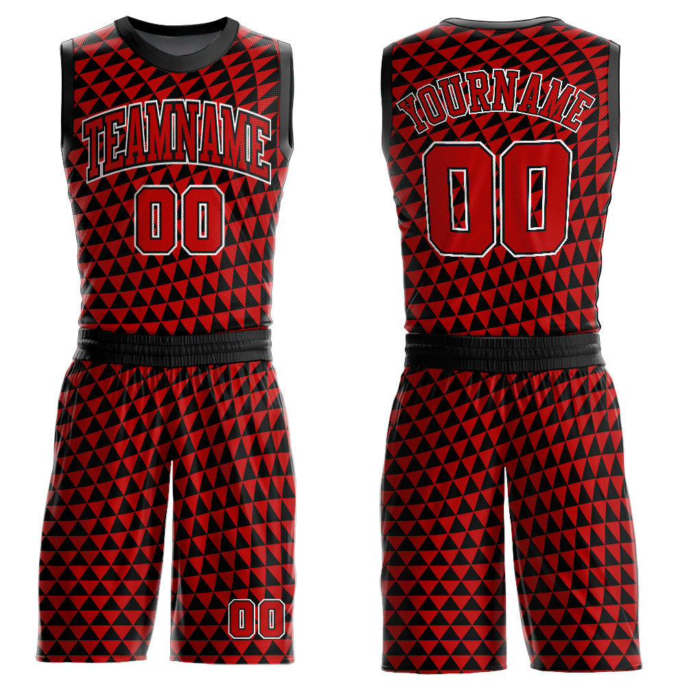 Custom Red Black-White Triangle Shapes Round Neck Sublimation Basketball Suit Jersey