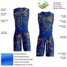 Load image into Gallery viewer, Custom Royal Gold Abstract Grunge Art Round Neck Sublimation Basketball Suit Jersey
