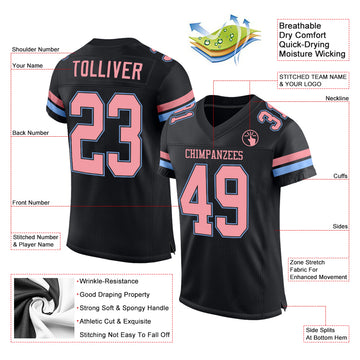 Custom Black Medium Pink-Light Blue Mesh Authentic Football Jersey