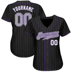 Custom Black Gray Pinstripe Gray-Purple Authentic Baseball Jersey