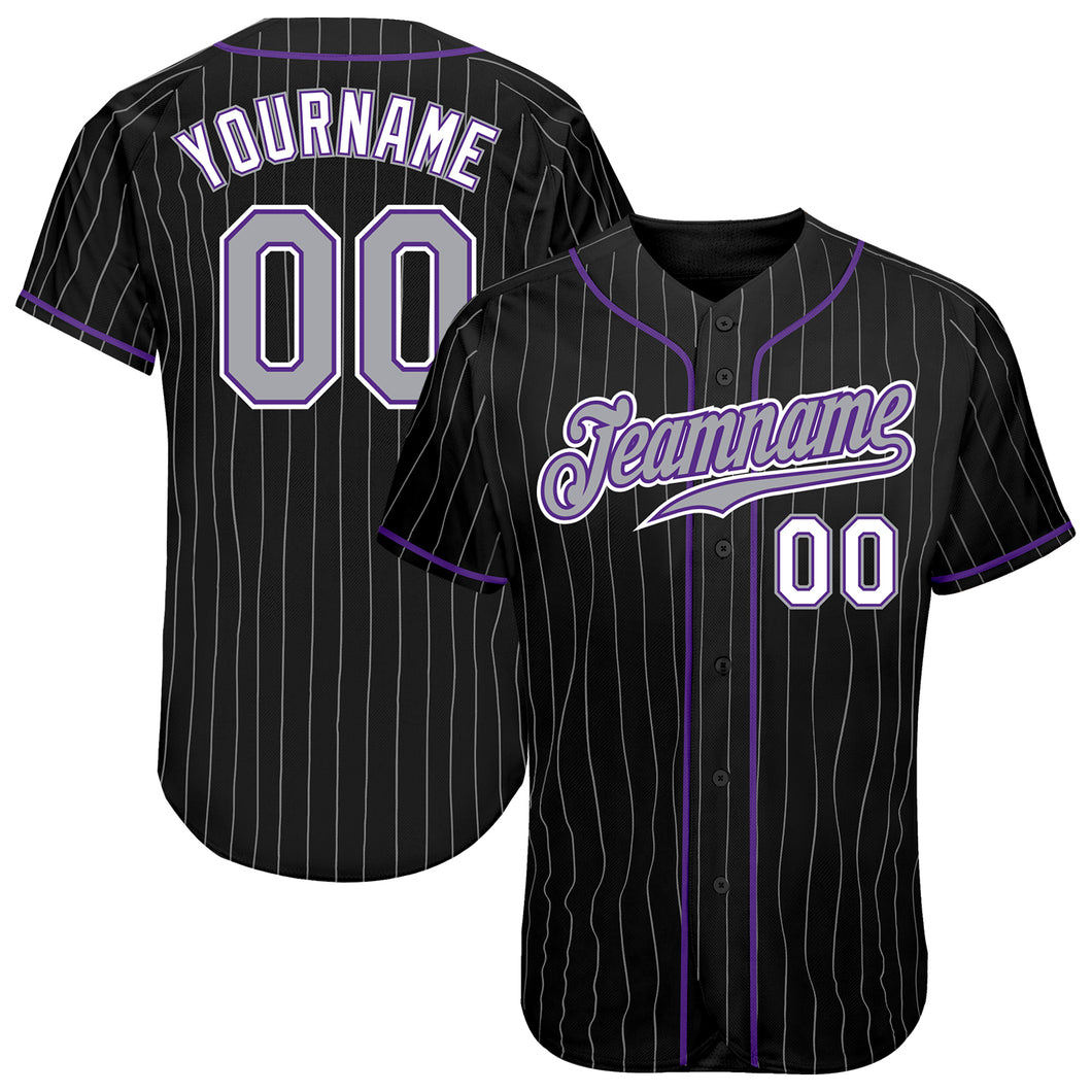 Custom Black Gray Pinstripe Gray-Purple Authentic Baseball Jersey