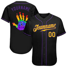 Load image into Gallery viewer, Custom Black Gold-Purple Rainbow Colored Hand For Pride LGBT Authentic Baseball Jersey
