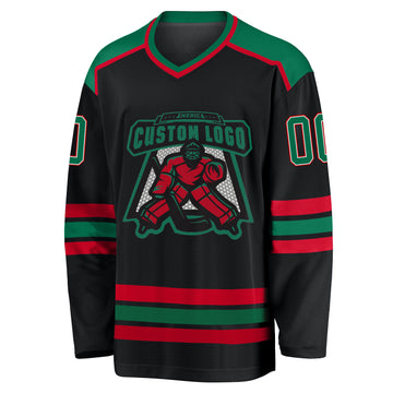 Custom Black Kelly Green White-Red Hockey Jersey