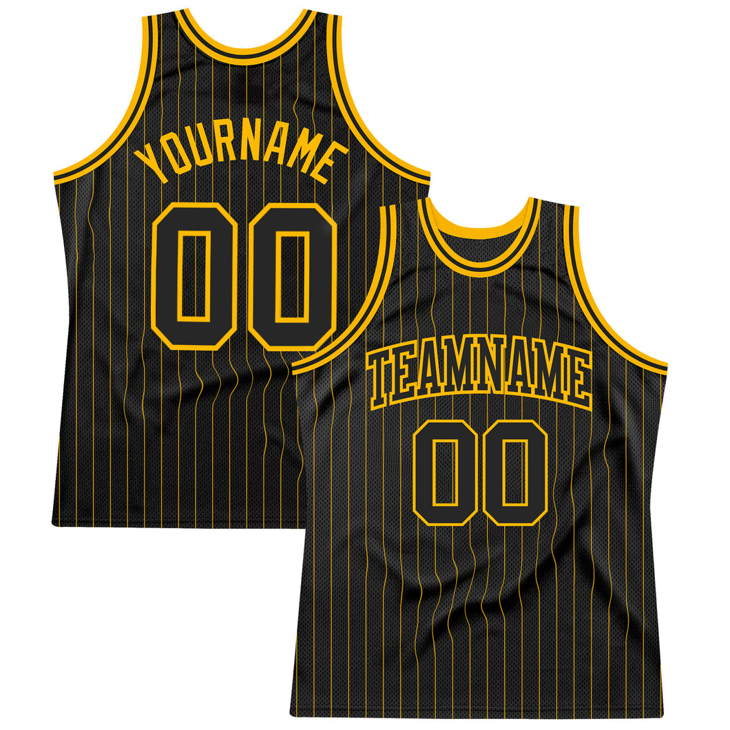 Custom Black Gold Pinstripe Black-Gold Authentic Basketball Jersey