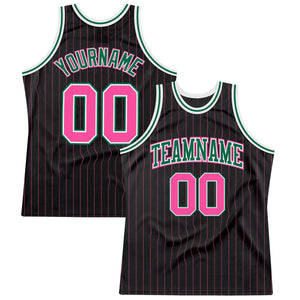 Custom Black Pink Pinstripe Pink-Kelly Green Authentic Basketball Jersey