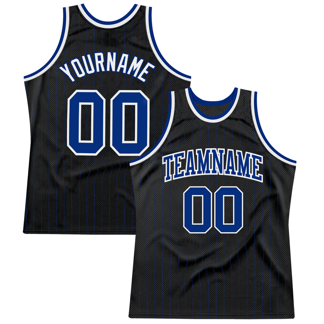 Custom Black Royal Pinstripe Royal-White Authentic Basketball Jersey