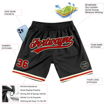 Custom Black Red-Cream Authentic Throwback Basketball Shorts