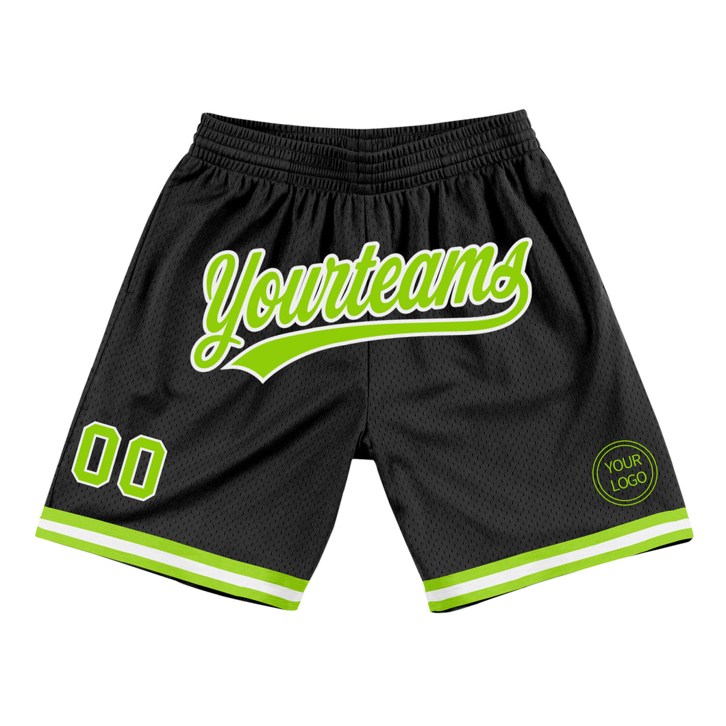 Custom Black Neon Green-White Authentic Throwback Basketball Shorts