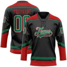 Load image into Gallery viewer, Custom Black Kelly Green-Red Hockey Lace Neck Jersey
