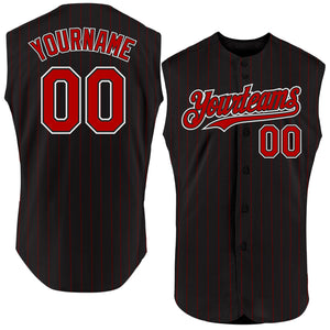 Custom Black Red Pinstripe White Authentic Sleeveless Baseball Jersey