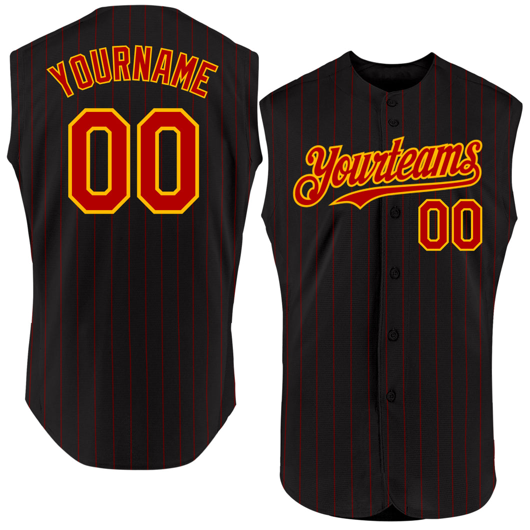 Custom Black Red Pinstripe Gold Authentic Sleeveless Baseball Jersey