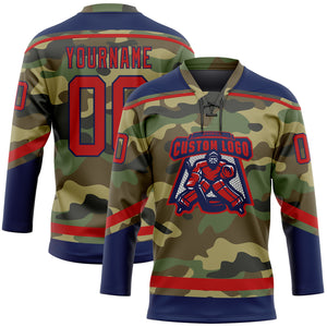 Custom Camo Red-Navy Salute To Service Hockey Lace Neck Jersey