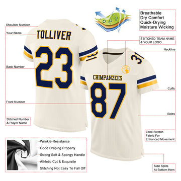 Custom Cream Navy-Gold Mesh Authentic Football Jersey