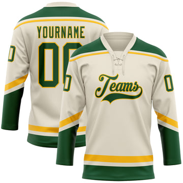 Custom Cream Green-Gold Hockey Lace Neck Jersey