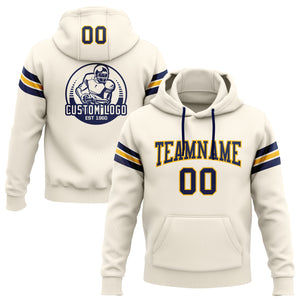 Custom Stitched Cream Navy-Gold Football Pullover Sweatshirt Hoodie