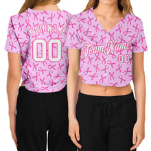 Load image into Gallery viewer, Custom Women&#39;s Pink White Breast Cancer 3D V-Neck Cropped Baseball Jersey
