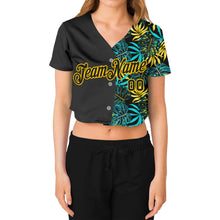 Load image into Gallery viewer, Custom Women&#39;s Black Black-Gold Tropical Palm Leaves 3D V-Neck Cropped Baseball Jersey
