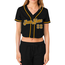 Load image into Gallery viewer, Custom Women&#39;s Black Gold-White V-Neck Cropped Baseball Jersey
