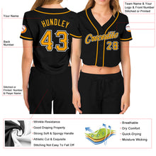 Load image into Gallery viewer, Custom Women&#39;s Black Gold-White V-Neck Cropped Baseball Jersey
