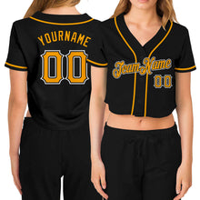 Load image into Gallery viewer, Custom Women&#39;s Black Gold-White V-Neck Cropped Baseball Jersey
