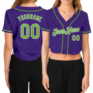 Custom Women's Purple Neon Green-White V-Neck Cropped Baseball Jersey