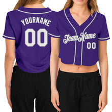 Load image into Gallery viewer, Custom Women&#39;s Purple White-Gray V-Neck Cropped Baseball Jersey
