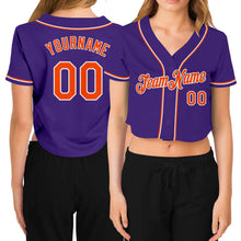 Load image into Gallery viewer, Custom Women&#39;s Purple Orange-White V-Neck Cropped Baseball Jersey
