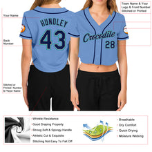 Load image into Gallery viewer, Custom Women&#39;s Light Blue Navy Gray-Aqua V-Neck Cropped Baseball Jersey
