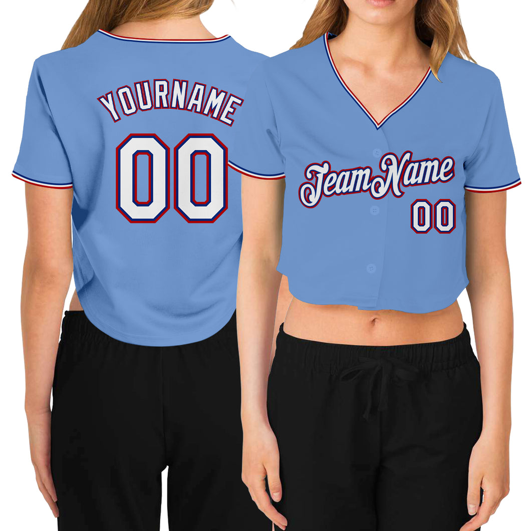 Custom Women's Light Blue White Royal-Red V-Neck Cropped Baseball Jersey