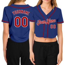 Load image into Gallery viewer, Custom Women&#39;s Royal Red-White V-Neck Cropped Baseball Jersey
