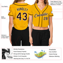 Load image into Gallery viewer, Custom Women&#39;s Gold Brown-White V-Neck Cropped Baseball Jersey
