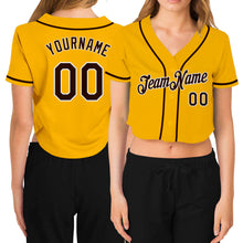 Load image into Gallery viewer, Custom Women&#39;s Gold Brown-White V-Neck Cropped Baseball Jersey
