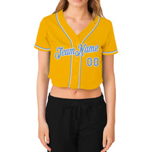 Load image into Gallery viewer, Custom Women&#39;s Gold Light Blue-White V-Neck Cropped Baseball Jersey
