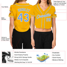 Load image into Gallery viewer, Custom Women&#39;s Gold Light Blue-White V-Neck Cropped Baseball Jersey
