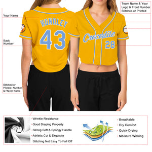 Custom Women's Gold Light Blue-White V-Neck Cropped Baseball Jersey