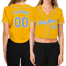 Load image into Gallery viewer, Custom Women&#39;s Gold Light Blue-White V-Neck Cropped Baseball Jersey
