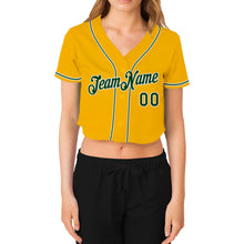 Load image into Gallery viewer, Custom Women&#39;s Gold Green-White V-Neck Cropped Baseball Jersey
