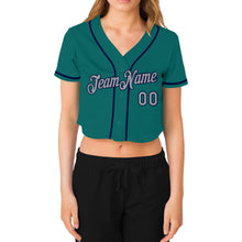 Load image into Gallery viewer, Custom Women&#39;s Aqua Gray-Navy V-Neck Cropped Baseball Jersey
