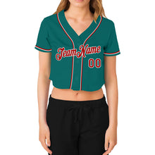 Load image into Gallery viewer, Custom Women&#39;s Aqua Red-White V-Neck Cropped Baseball Jersey
