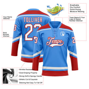 Custom Powder Blue White-Red Hockey Lace Neck Jersey