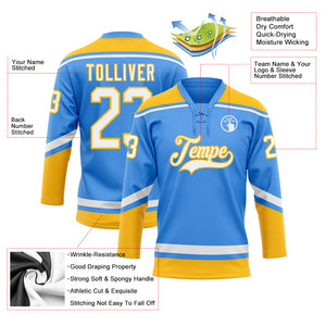 Custom Powder Blue White-Gold Hockey Lace Neck Jersey