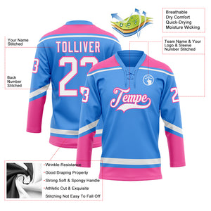 Custom Powder Blue White-Pink Hockey Lace Neck Jersey