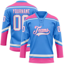 Load image into Gallery viewer, Custom Powder Blue White-Pink Hockey Lace Neck Jersey
