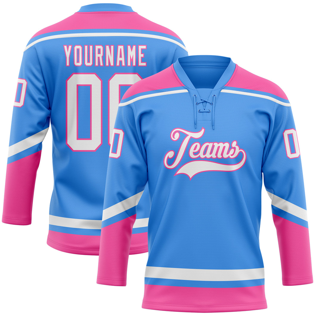 Custom Powder Blue White-Pink Hockey Lace Neck Jersey