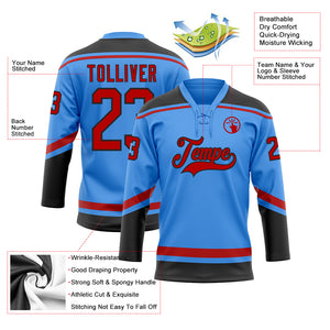 Custom Powder Blue Red-Black Hockey Lace Neck Jersey