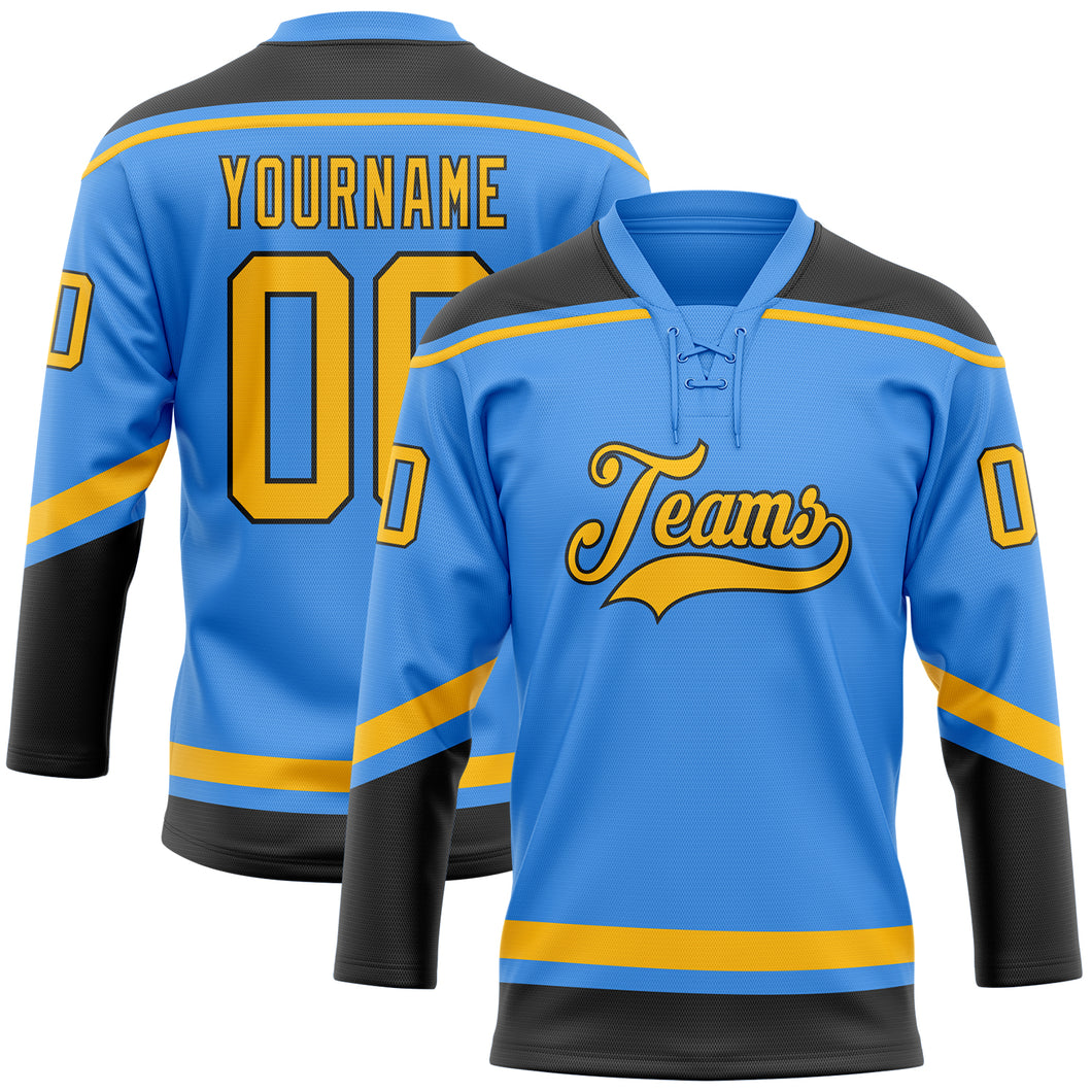 Custom Powder Blue Gold-Black Hockey Lace Neck Jersey