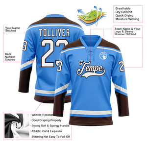 Custom Powder Blue White-Brown Hockey Lace Neck Jersey