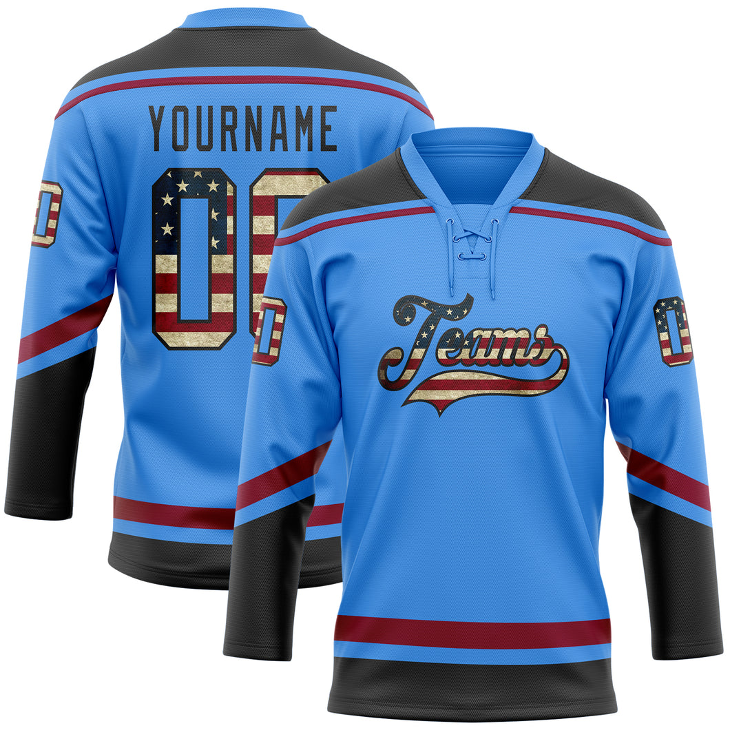 Custom Powder Blue Vintage USA Flag Black-Maroon Hockey Lace Neck Jersey